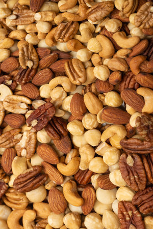 Mix of nuts as a background. Top view.の写真素材