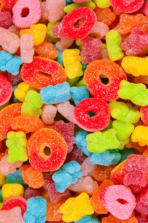 Assorted gummy candies. Top view. Jelly sweets.の写真素材