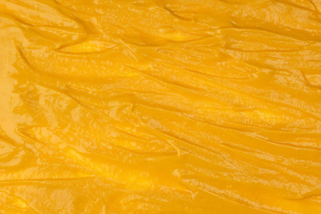 Yellow sauce splashes as a background. Top view.