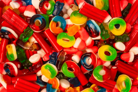 Assorted colorful gummy candies. Top view.