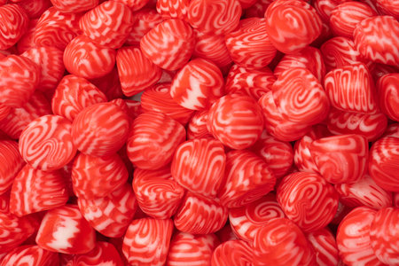 Red round tasty gummy candies as a background. Top view.