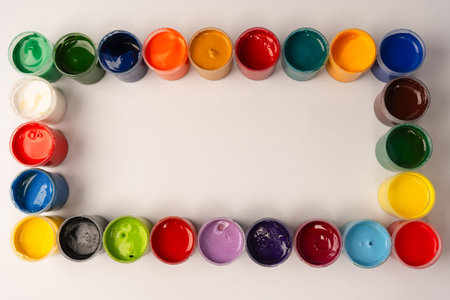 Gouache colorful paints set. Jars of gouache paint isolated on a white background.の写真素材