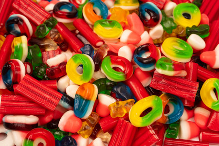 Assorted colorful gummy candies. Top view. Jelly  sweets.