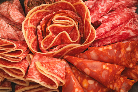 Different kinds of meat cuts on a board.  On a black background.
