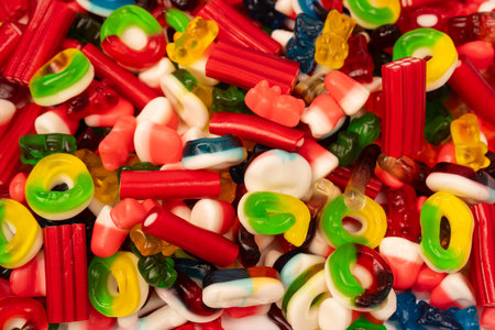 Assorted colorful gummy candies. Top view. Jelly  sweets.