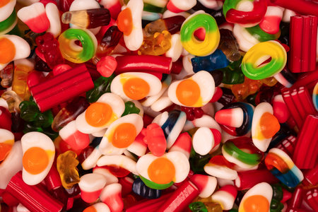 Assorted colorful gummy candies. Top view. Jelly  sweets.