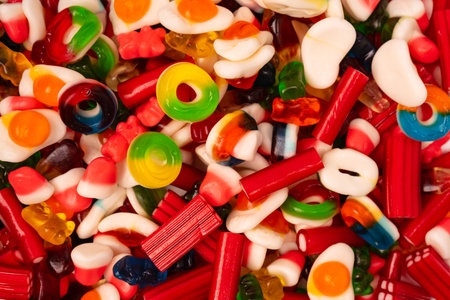 Assorted colorful gummy candies. Top view. Jelly  sweets.