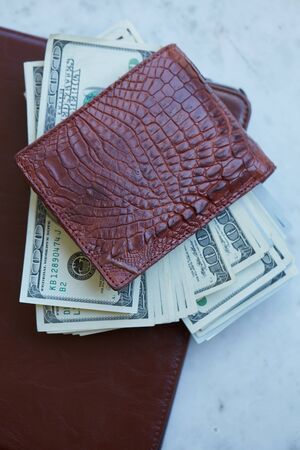 tablet on the table in a leather pouch and a leather purse with money
