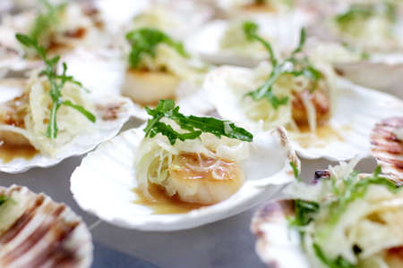 on a buffet appetizer: scallops, onionの写真素材