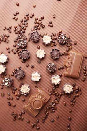 chocolate candies and coffee beansの写真素材
