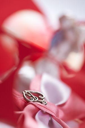 beautiful pink bow and hearts coupleの写真素材