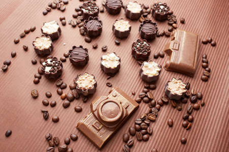 chocolate candies and coffee beansの写真素材