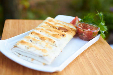 dish in pita bread on natureの写真素材