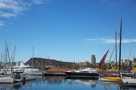 boats at the pier in barselonaの写真素材