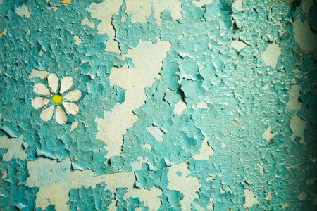 old blue paint on the wall crackingの写真素材