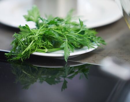 Parsley and dill ingredients in the kitchenの写真素材