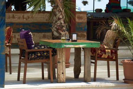 tables at an outdoor cafeの写真素材