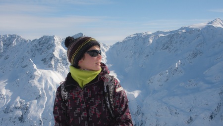 Skier mountains in the backgroundの写真素材