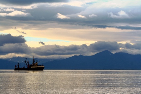 A ship in the  bay of Kamchatka.の写真素材