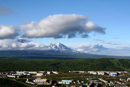 Landscape of city Petropavlovsk and  vulcanos.の写真素材