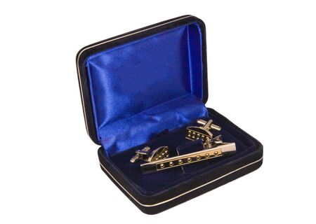stainless steel cufflinks  and  tie-clip  isolated on white backgroundの写真素材
