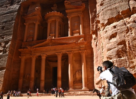 Tourist and Nabatean temple Petra, Jordanのeditorial素材