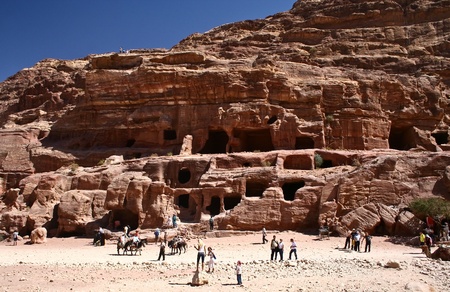 Nabatean temple or tomb town Petra, Jordan. Made by digging a holes in the rocks. Roman Empire period.のeditorial素材