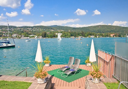 Private beach. Lake Worthersee Velden am Worthersee Resort See. Austriaのeditorial素材