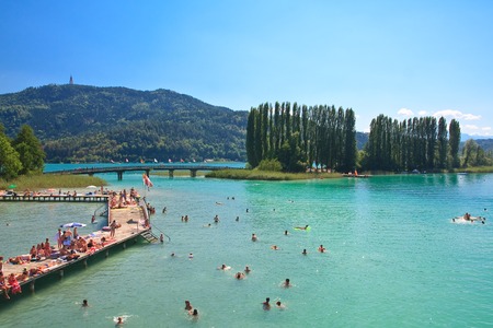 Beach on Lake Worth. Resort Portschach am Worthersee. Austriaのeditorial素材