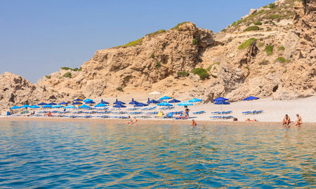 Beach in the Gulf of Afandou (Afandou Bay). Rhodes Island. Greeceの写真素材
