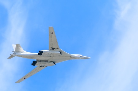 MOSCOW - MAY 9: White Swan. Russian military aircraft supersonic bomber with variable sweep wing...