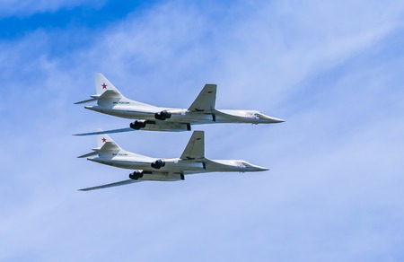 MOSCOW/RUSSIA - MAY 9: 2 Tupolev Tu-22M3 (Backfire) supersonic swing-wing long-range strategic and...