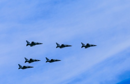 MOSCOW/RUSSIA - MAY 9: Yakovlev Yak-130 (Mitten) subsonic advanced jet trainer/light attack fighters of Tavrida Wings form Pyramid on parade devoted to Victory Day anniversary on May 9, 2015 in Moscowのeditorial素材