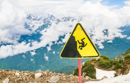 Danger sign. Ski resort "Rosa Khutor", Sochi.  Russiaの写真素材