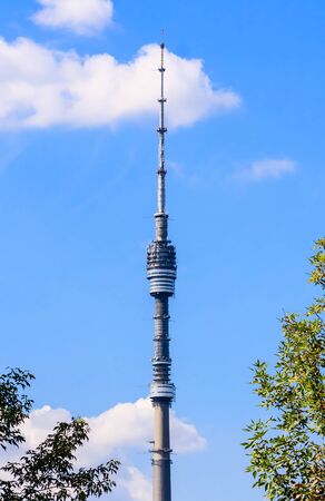 Ostankino TV tower on blue sky background, Moscowのeditorial素材