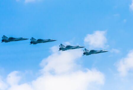 MOSCOW/RUSSIA - MAY 7: 4 Mikoyan-Gurevich MiG-31 (Foxhound) supersonic interceptor aircrafts  on  rehearsal of parade devoted to 7-th Victory Day aniversary on May 7, 2016 in Moscowのeditorial素材
