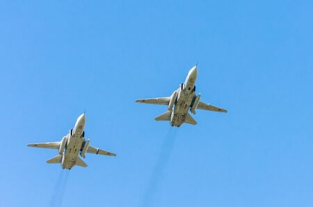 MOSCOW/RUSSIA - MAY 9: 2 Sukhoi Su-24M (Fencer) supersonic all-weather attack aircrafts  on parade...