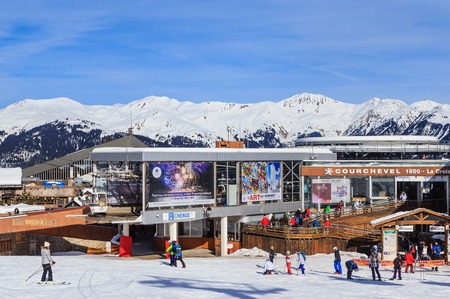 Lower Chenus  lift station. Ski Resort Courchevel 1850 m in wintertime. Franceのeditorial素材