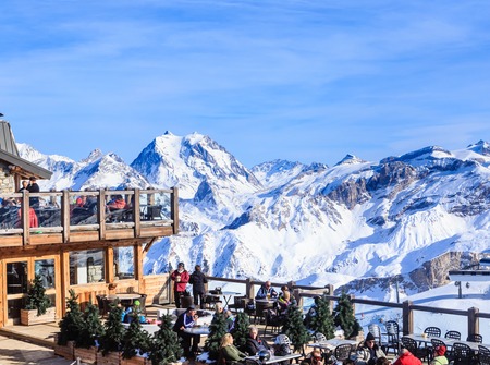 Restaurant in the mountains.Ski Resort Courchevel  in wintertime. Franceのeditorial素材