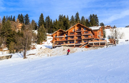Chalet on the slopes of the valley Meribel. Ski Resort Meribel Village Center (1450 m). Franceのeditorial素材