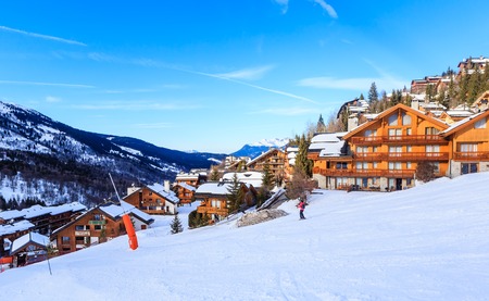 Chalet on the slopes of the valley Meribel. Ski Resort Meribel Village Center (1450 m). Franceのeditorial素材