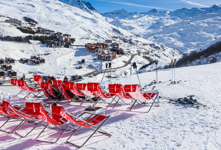 Chairs on the slopes of the mountains in the Alps. Ski resort  Val Thorens. France