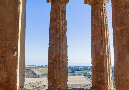 Ercole temple in the Valley of the Temples and panorama of Sicily in the area of Agrigento. Italyのeditorial素材