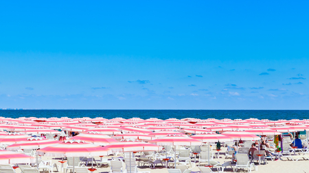 The Black Sea shore, blue clear water, beach with sand, umbrellas and sunbeds. Albena, Bulgariaの写真素材