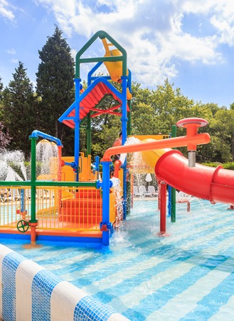 Children's pool with slide and waterfall on site hotel Flamingo Grand Hotel. Albena, Bulgaria