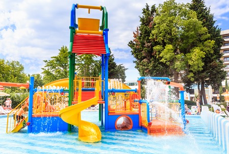Children's pool with slide and waterfall on site hotel Flamingo Grand Hotel. Albena, Bulgariaのeditorial素材