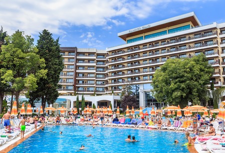 People swim in pool of hotel Flamingo Grand Hotel at summer sunny day. Albena, Bulgariaのeditorial素材