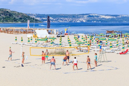 People playing volleyball at beach. Leisure at Black Sea. Resort Albena, Bulgariaのeditorial素材