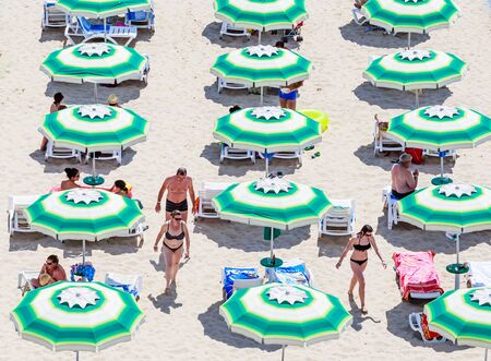 The Black Sea shore,  beach with sand, umbrellas and sunbeds. Albena, Bulgariaのeditorial素材