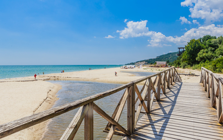 Wooden footbridge over the river. Black Sea Coast,  seaside resort Albena, Bulgariaのeditorial素材